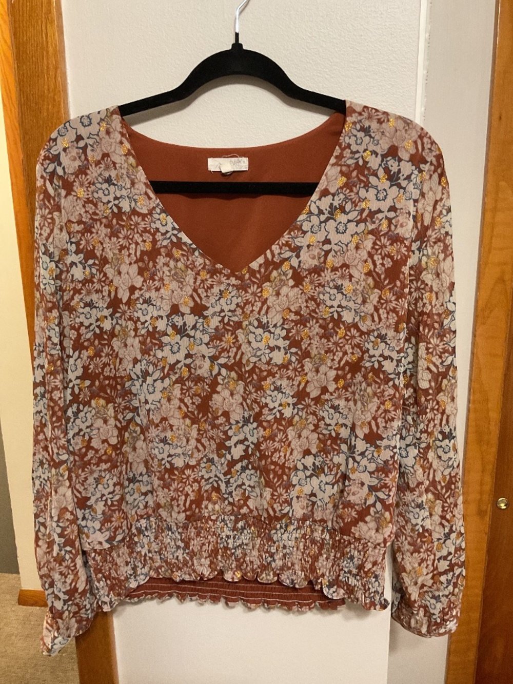 Large Long sleeve blouse -rust, tan and dark teal